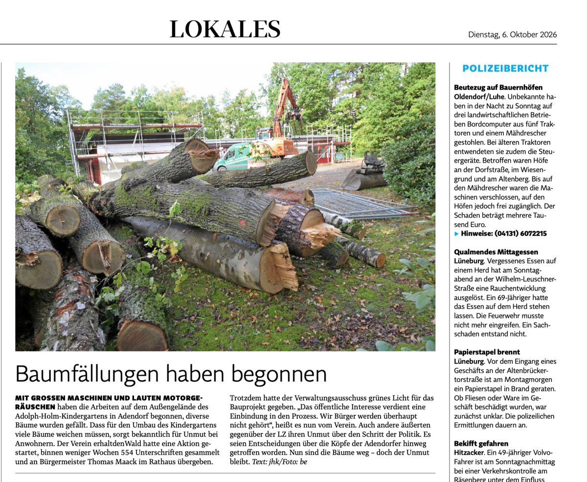 Landeszeitung berichtet über Baumfällungen am Adolph-Holm-Kindergarten