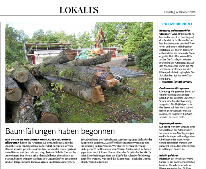 Landeszeitung berichtet über Baumfällungen am Adolph-Holm-Kindergarten